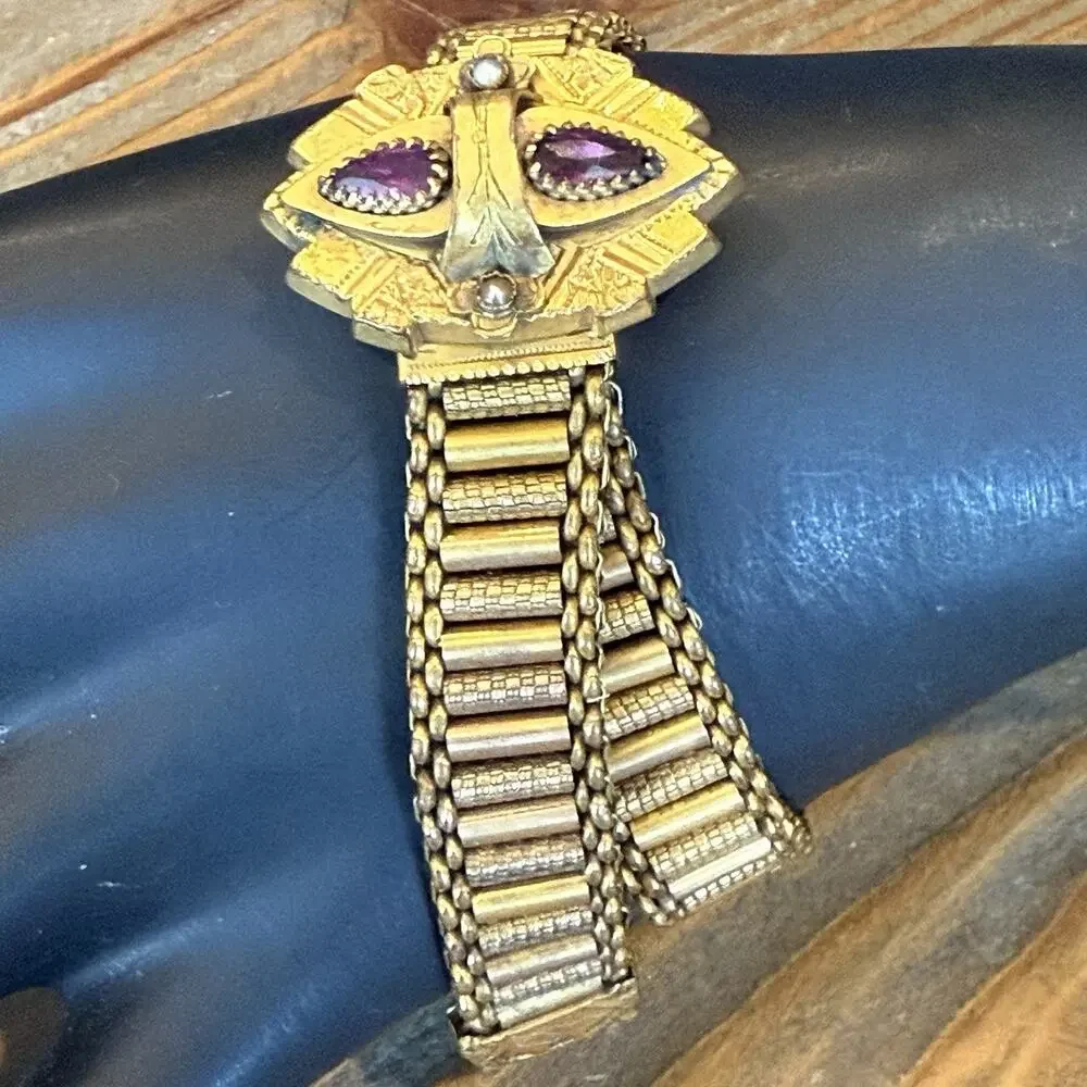 Antique Victorian Gold Filled Mesh Slide Bracelet Amethyst Glass Seed Pearl 1882 - Picture 11 of 13